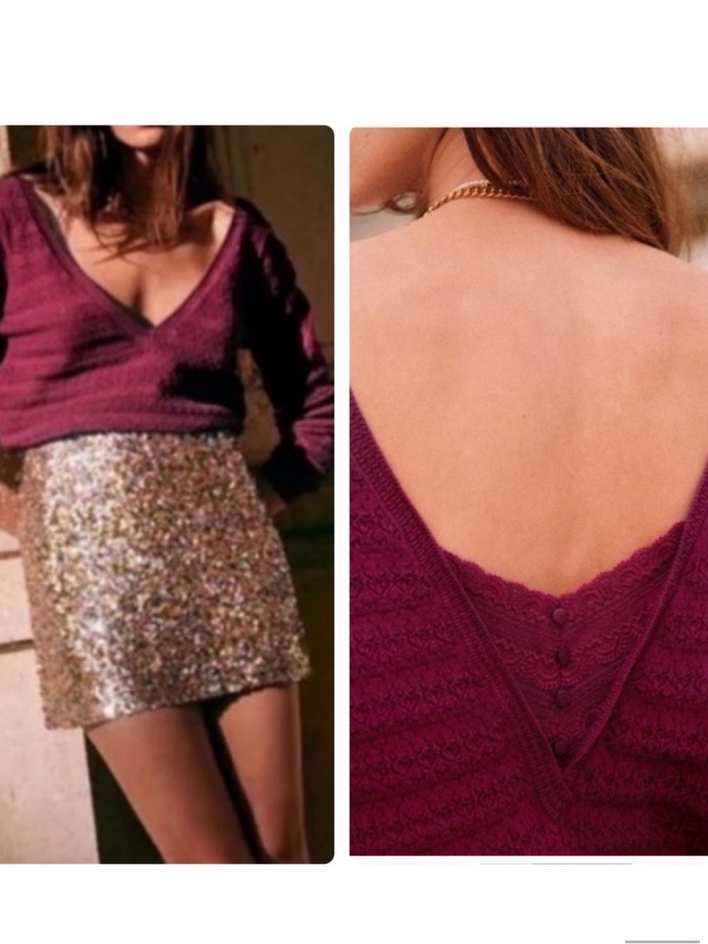 Sezane Deep Wine Gretha V-Neck Knit Jumper Top Medium 100% Cotton Made in Italy